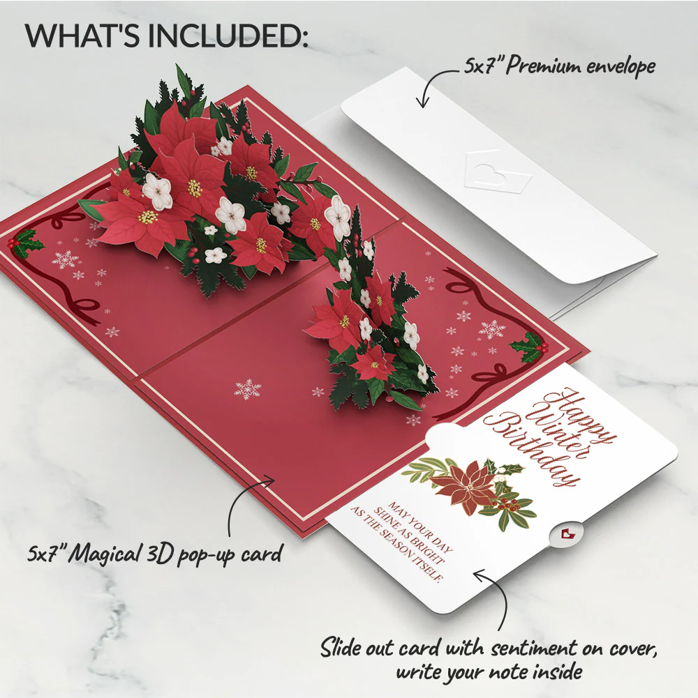 Poinsettia & Pine Winter Birthday Pop-Up Card and Sentiment Set - Image 2
