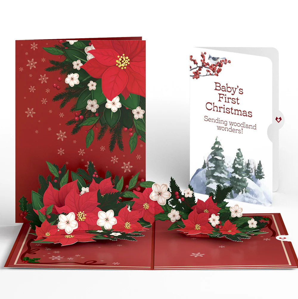 Poinsettia & Pine First Christmas Pop-Up Card and Sentiment Set for Baby
