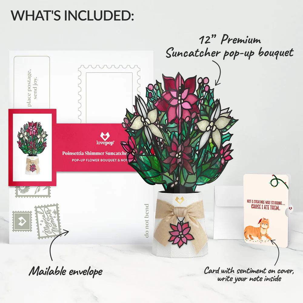 Poinsettia Shimmer Christmas Suncatcher Bouquet and Hungry Cat Sentiment Set - Image 2