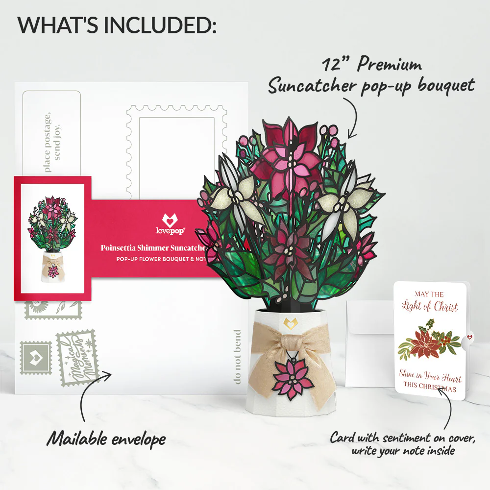 Poinsettia Shimmer Christmas Suncatcher Bouquet and Light of Christ Sentiment Set - Image 2