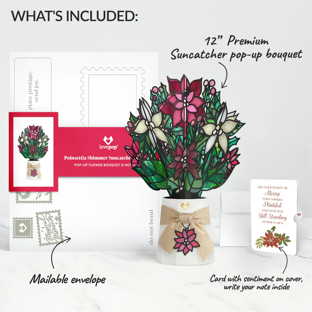 Poinsettia Shimmer Christmas Suncatcher Bouquet and Merry & Plentiful Sentiment Set - Image 2