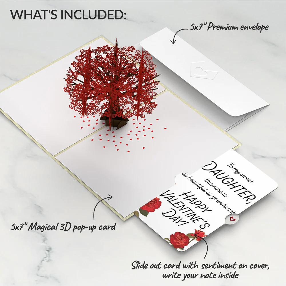 Red Sakura Tree Valentine Pop-Up Card and Roses Sentiment Set for Daughter - Image 2