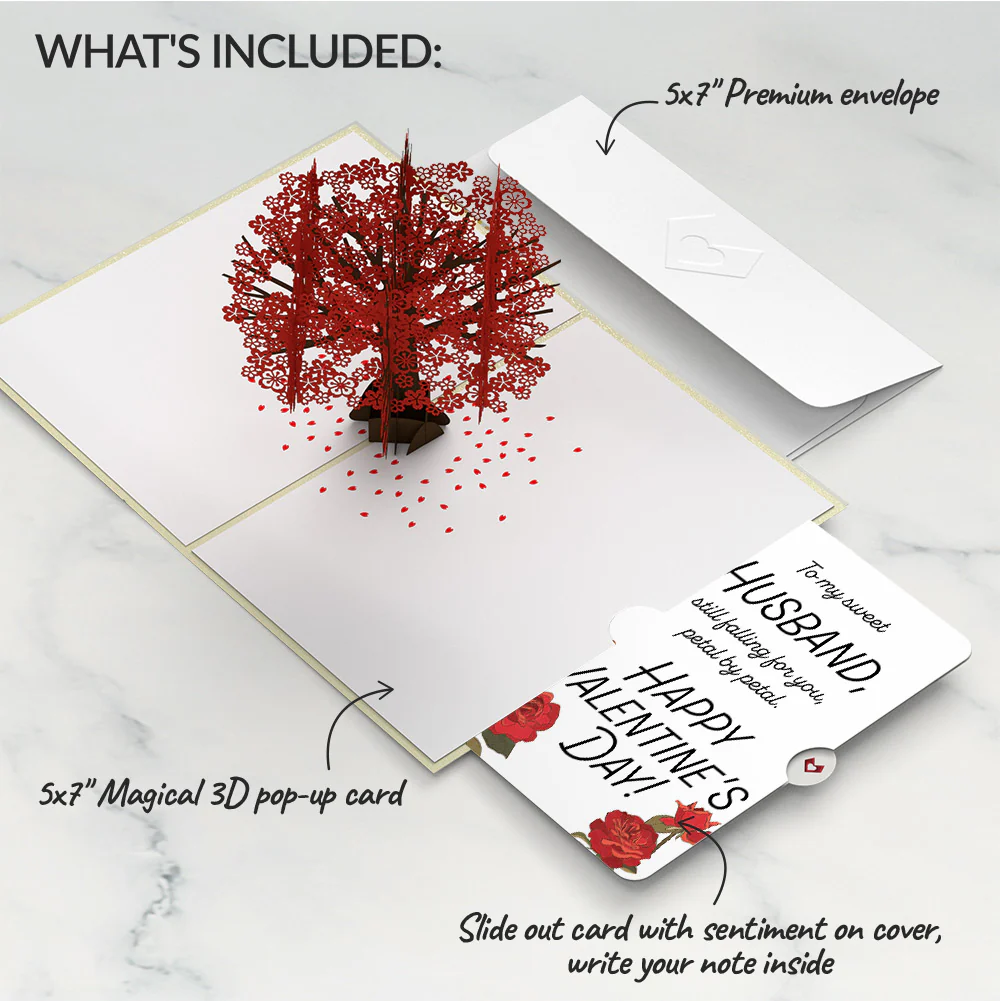 Red Sakura Tree Valentine Pop-Up Card and Sentiment Set for Husband - Image 2
