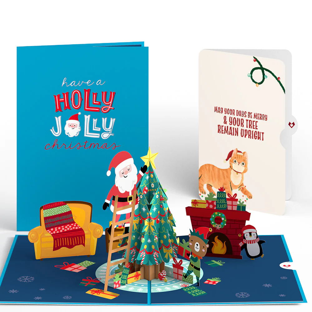 Santa Decorating a Christmas Tree Pop-Up Card and Funny Cat Sentiment Set