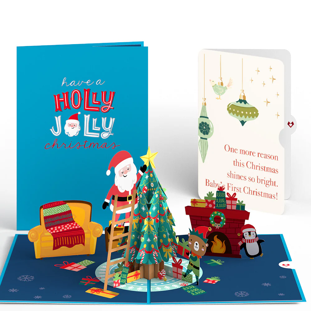 Santa Decorating a Christmas Tree Pop-Up Card and Sentiment Set for Baby