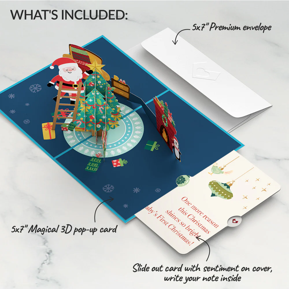 Santa Decorating a Christmas Tree Pop-Up Card and Sentiment Set for Baby - Image 2