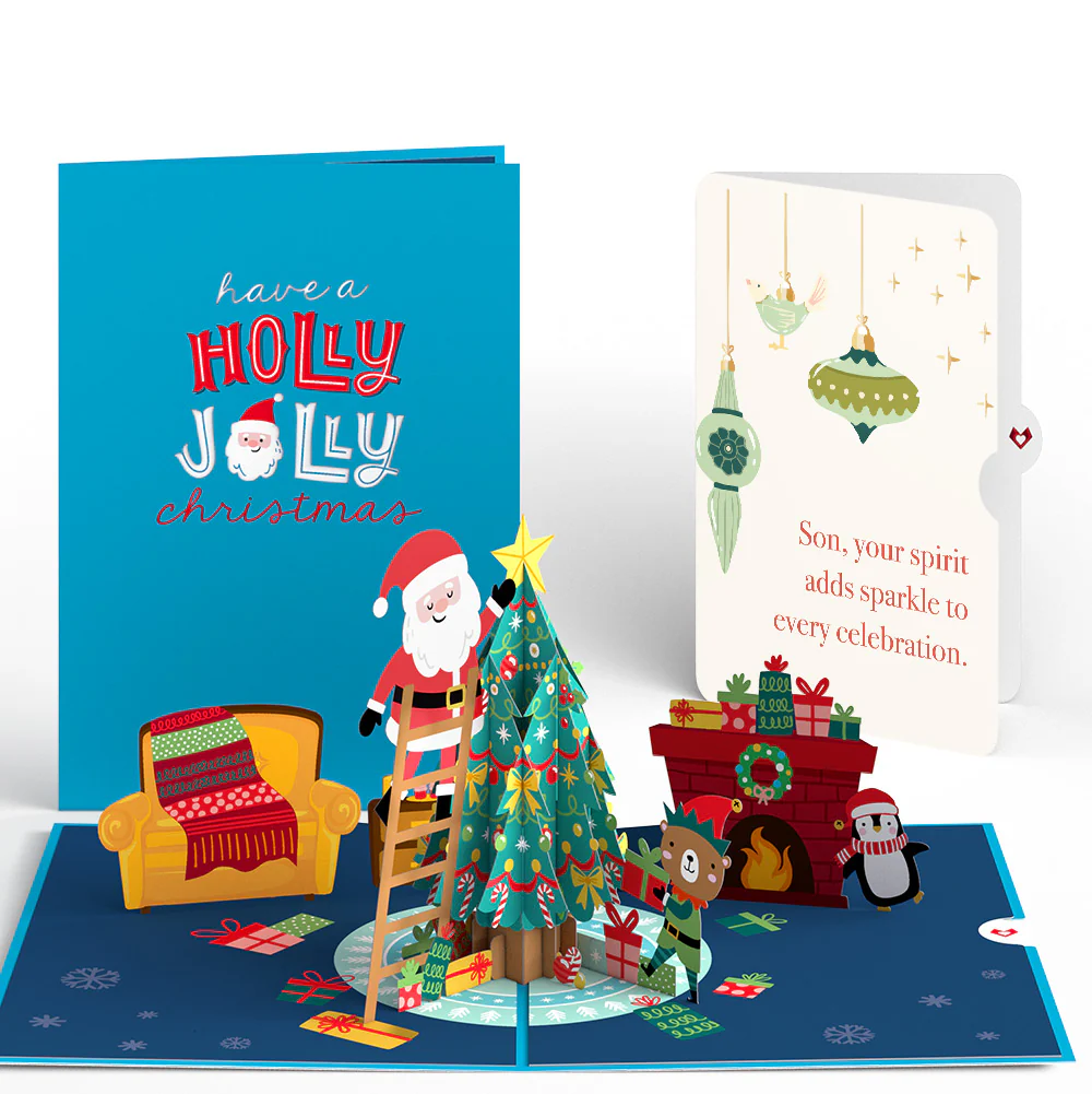 Santa Decorating a Christmas Tree Pop-Up Card and Sentiment Set for Son
