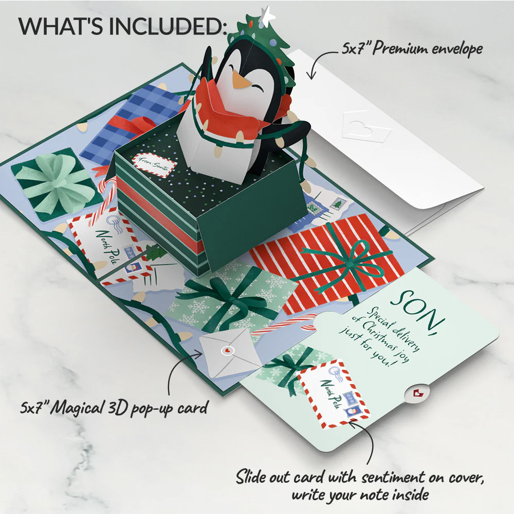 Season's Greetings Penguin Surprise Pop-Up Card and Sentiment Set for Son - Image 2