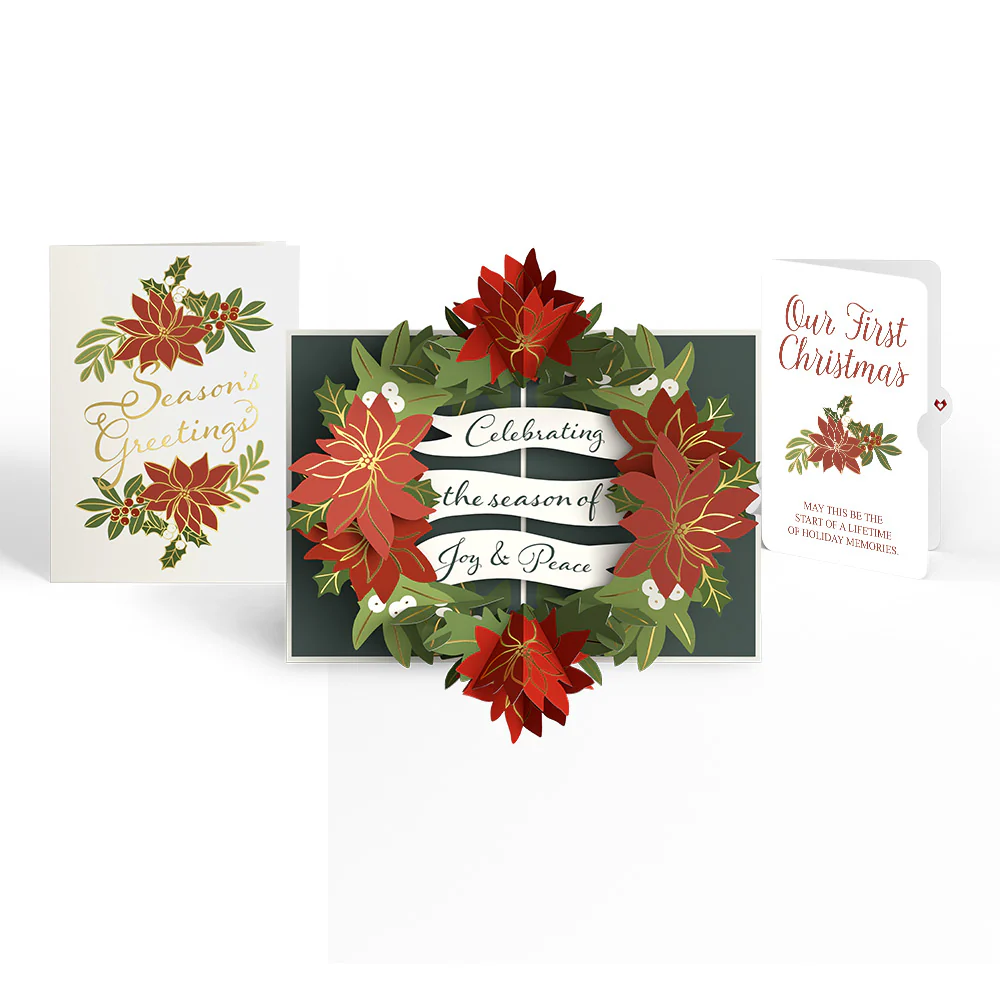 Season's Greetings Poinsettia Wreath Pop-Up Card and First Christmas Sentiment Set for Partner