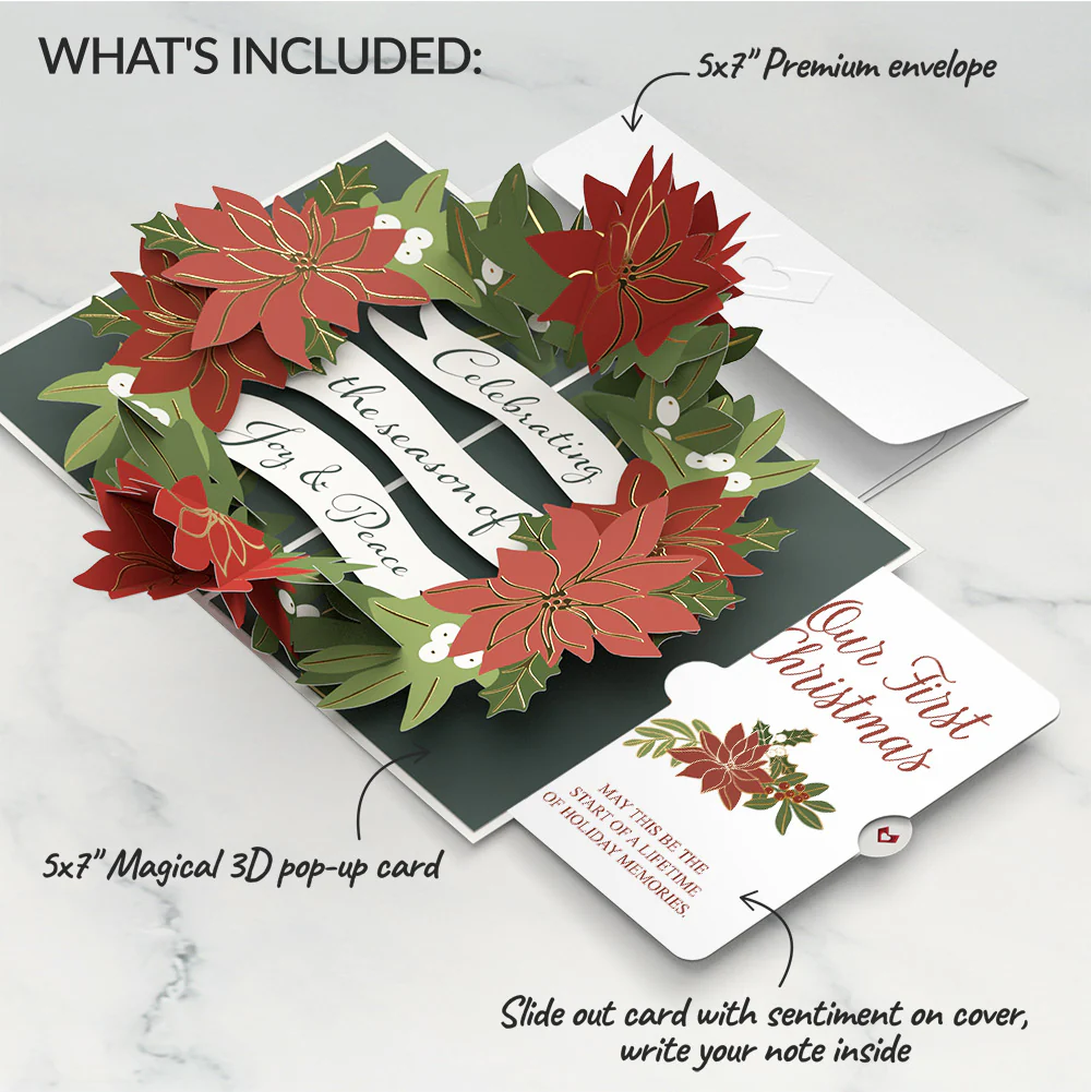 Season's Greetings Poinsettia Wreath Pop-Up Card and First Christmas Sentiment Set for Partner - Image 2