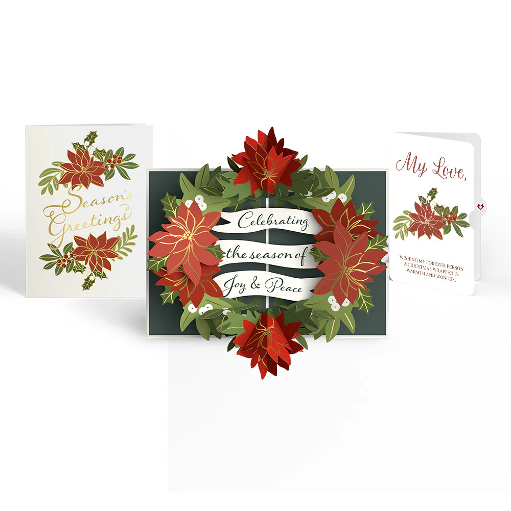 Season's Greetings Poinsettia Wreath Pop-Up Card and Love Sentiment Set for Partner