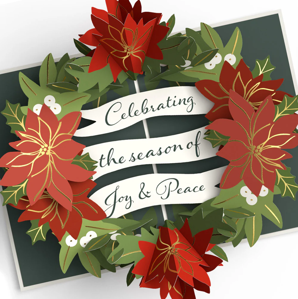 Season's Greetings Poinsettia Wreath Pop-Up Card and Sentiment Set for Family - Image 3