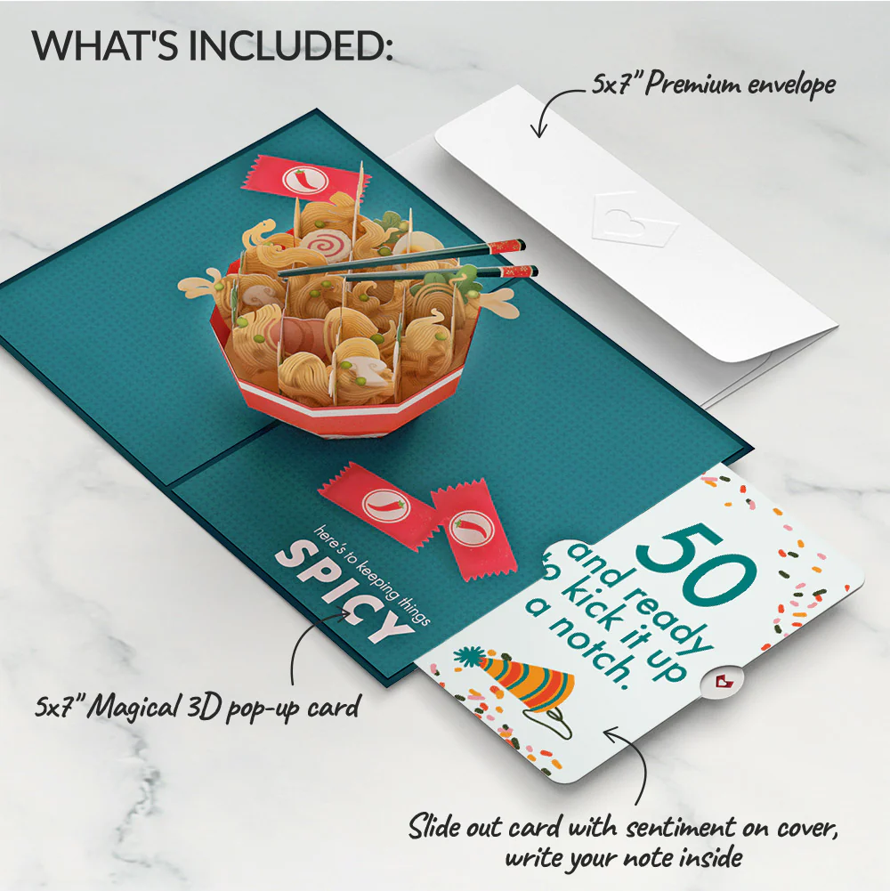 Send Noods Spicy Birthday Pop-Up Card and 50th Kick It Up Sentiment Set - Image 2