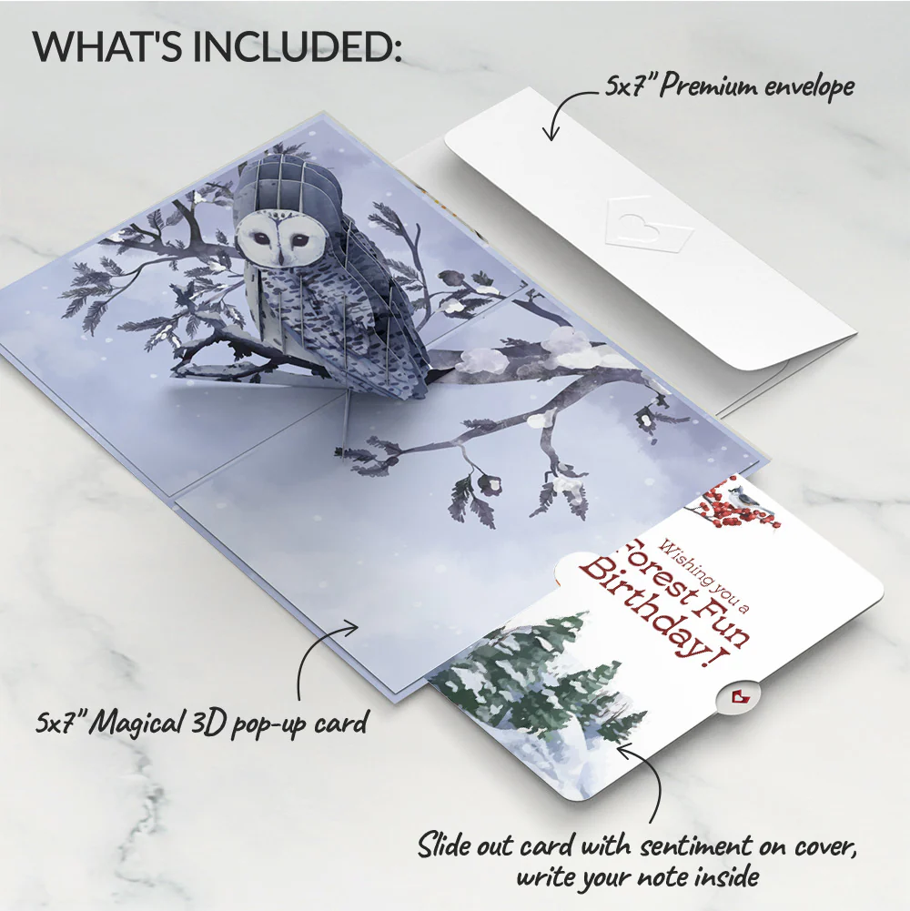 Snowy Owl Birthday Pop-Up Card and Forest Fun Sentiment Set - Image 2