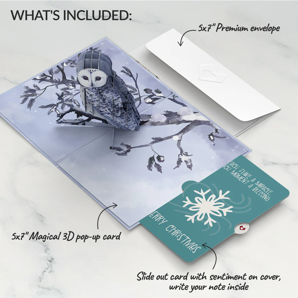 Snowy Owl Christmas Pop-Up Card and Snowflake Sentiment Set - Image 2