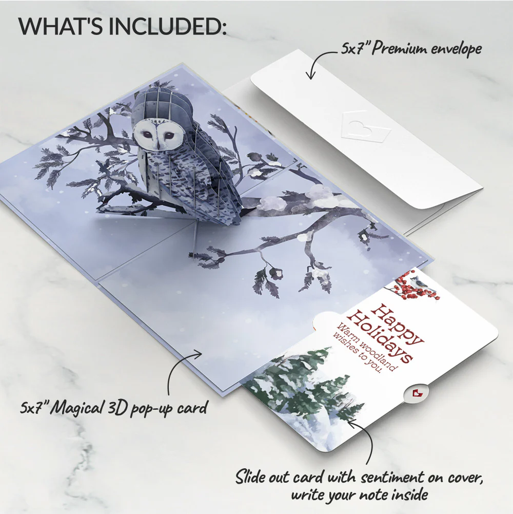 Snowy Owl Christmas Pop-Up Card and Warm Woodland Sentiment Set - Image 2