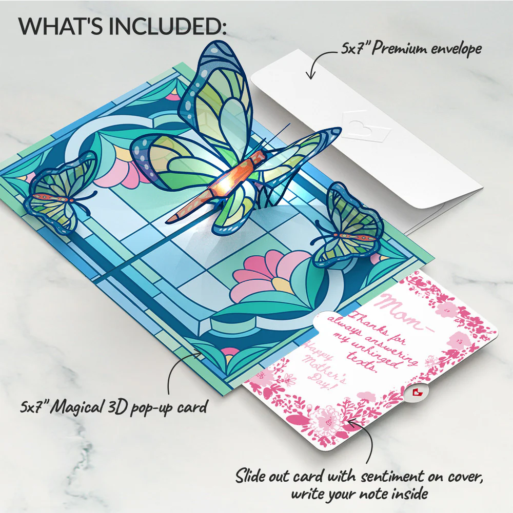 Stained Glass Butterfly Mother’s Day Light-Up Pop-Up Card and Blushing Garden Frame Sentiment Set for Mom - Image 2