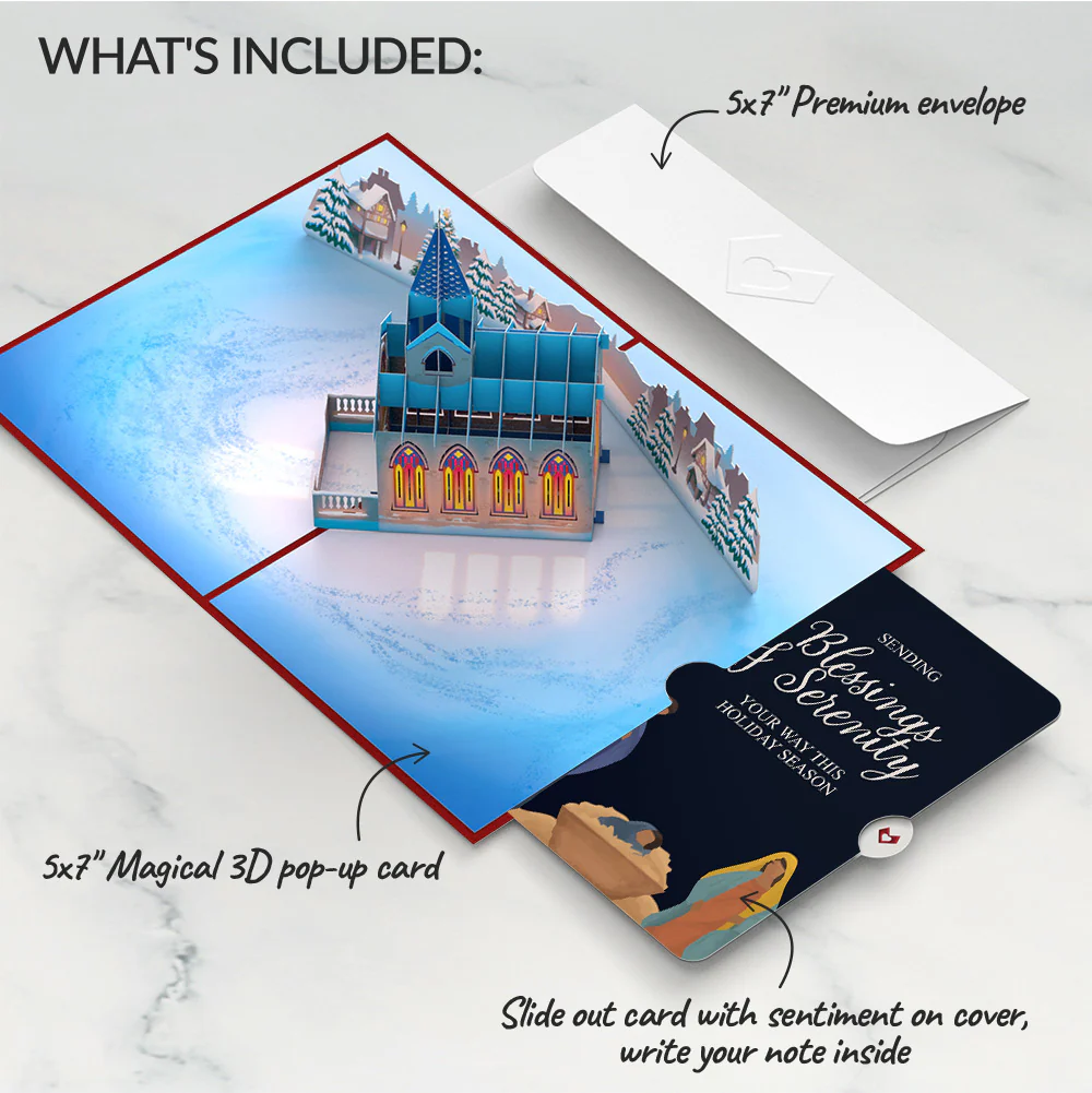 Stained Glass Christmas Chapel Pop-Up Card and Nativity Blessings & Serenity Sentiment Set - Image 2