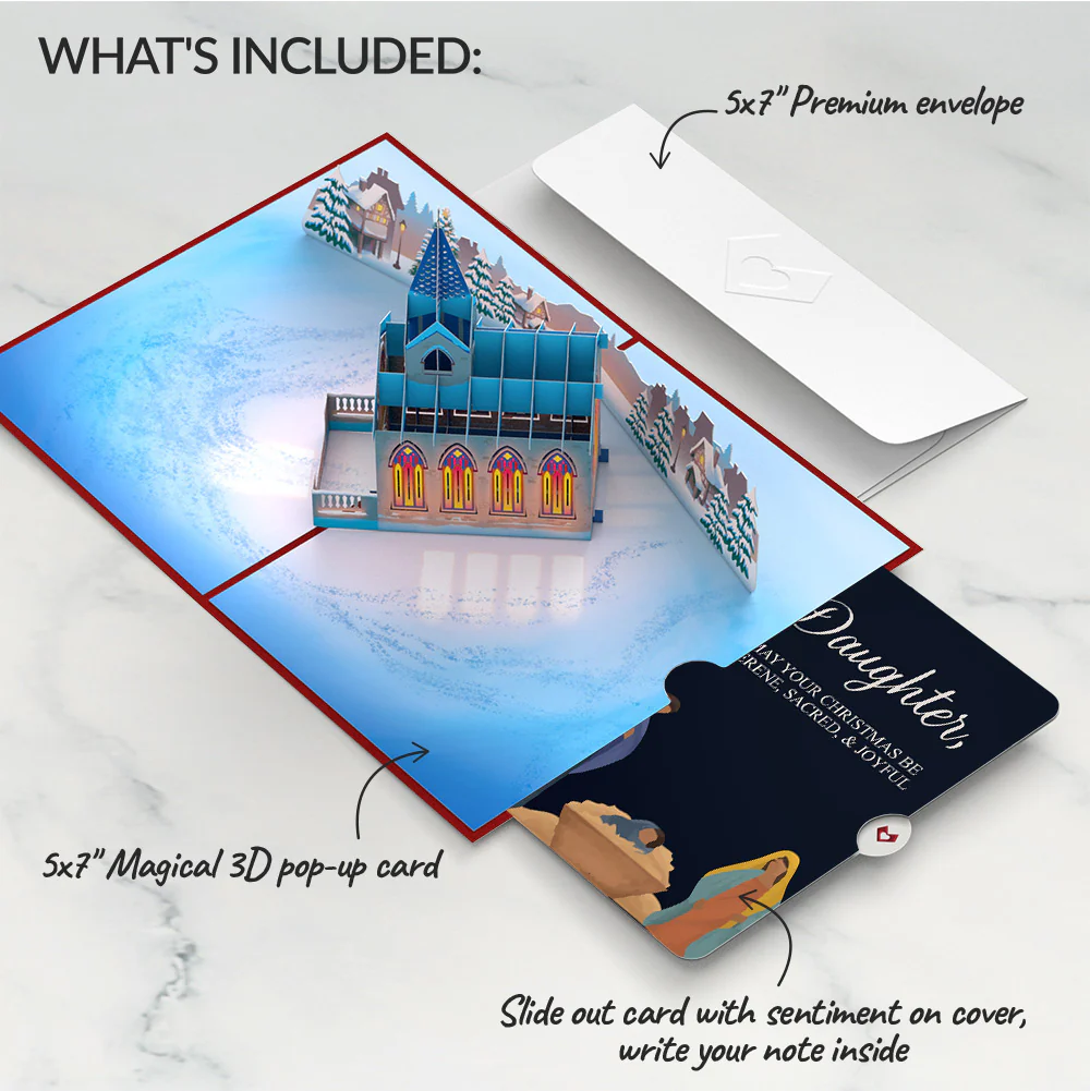 Stained Glass Christmas Chapel Pop-Up Card and Sentiment Set for Daughter - Image 2