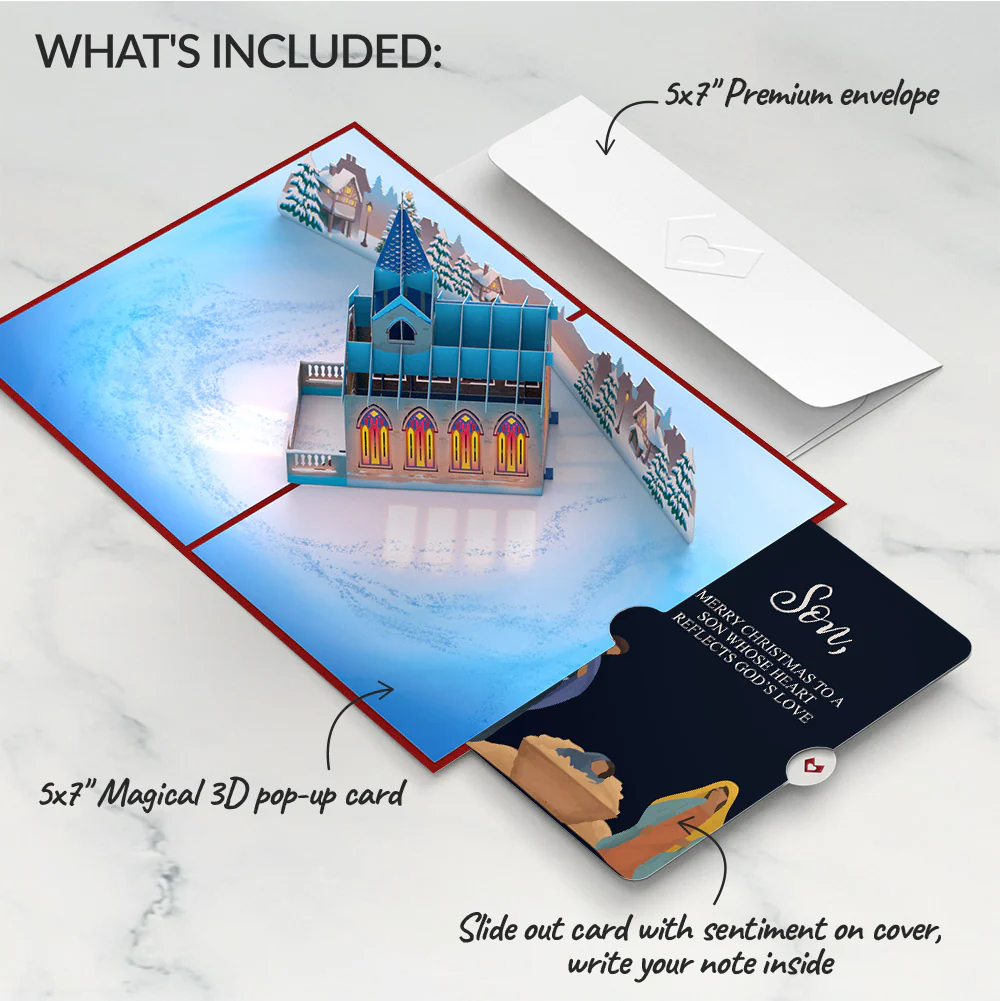 Stained Glass Christmas Chapel Pop-Up Card and Sentiment Set for Son - Image 2