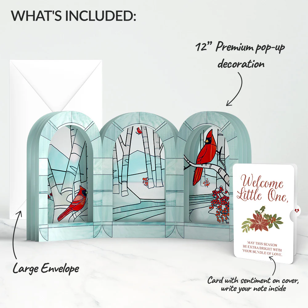 Stained Glass Winter Cardinal Pop-Up Gift and Poinsettia Christmas Sentiment Set for Baby - Image 2