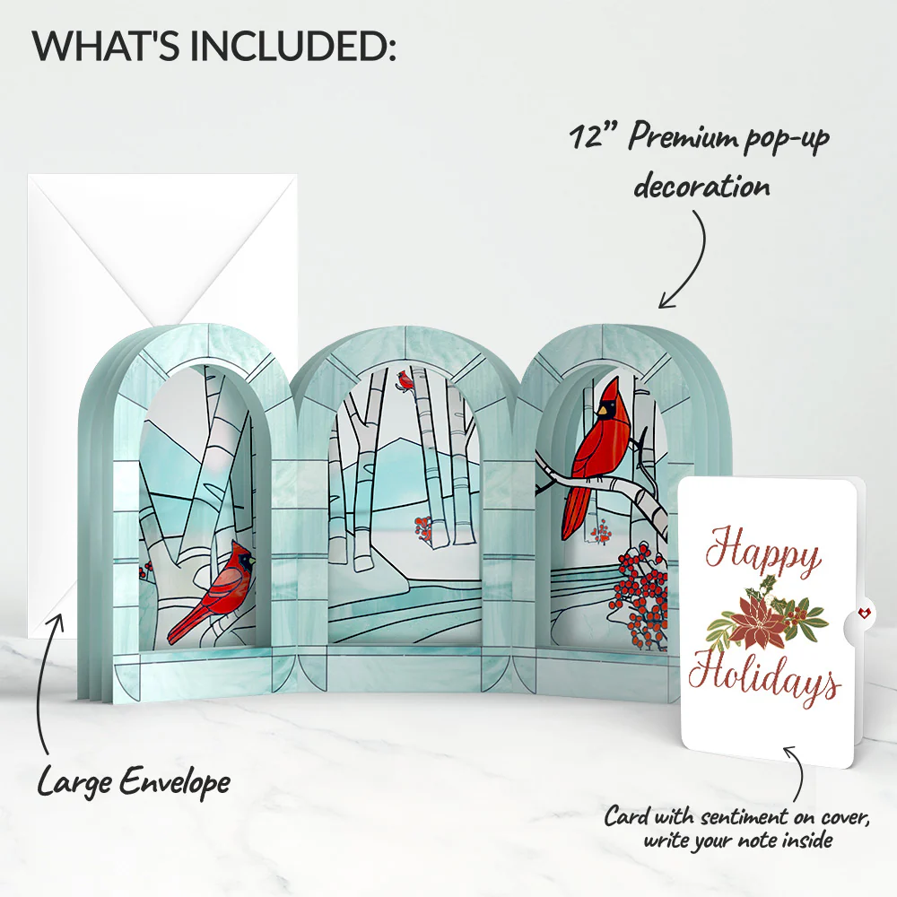 Stained Glass Winter Cardinal Pop-Up Gift and Poinsettia Holiday Sentiment Set - Image 2