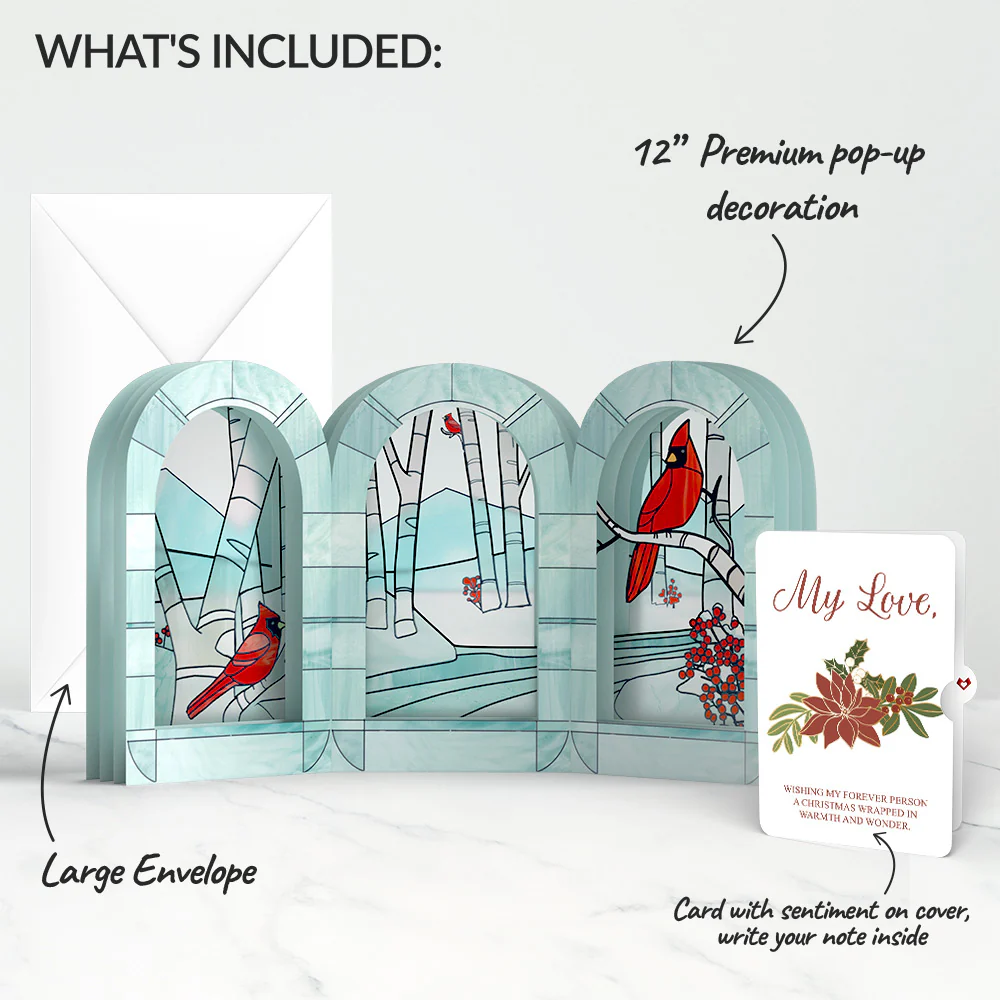 Stained Glass Winter Cardinal Pop-Up Gift and Poinsettia Love Sentiment Set for Partner - Image 2