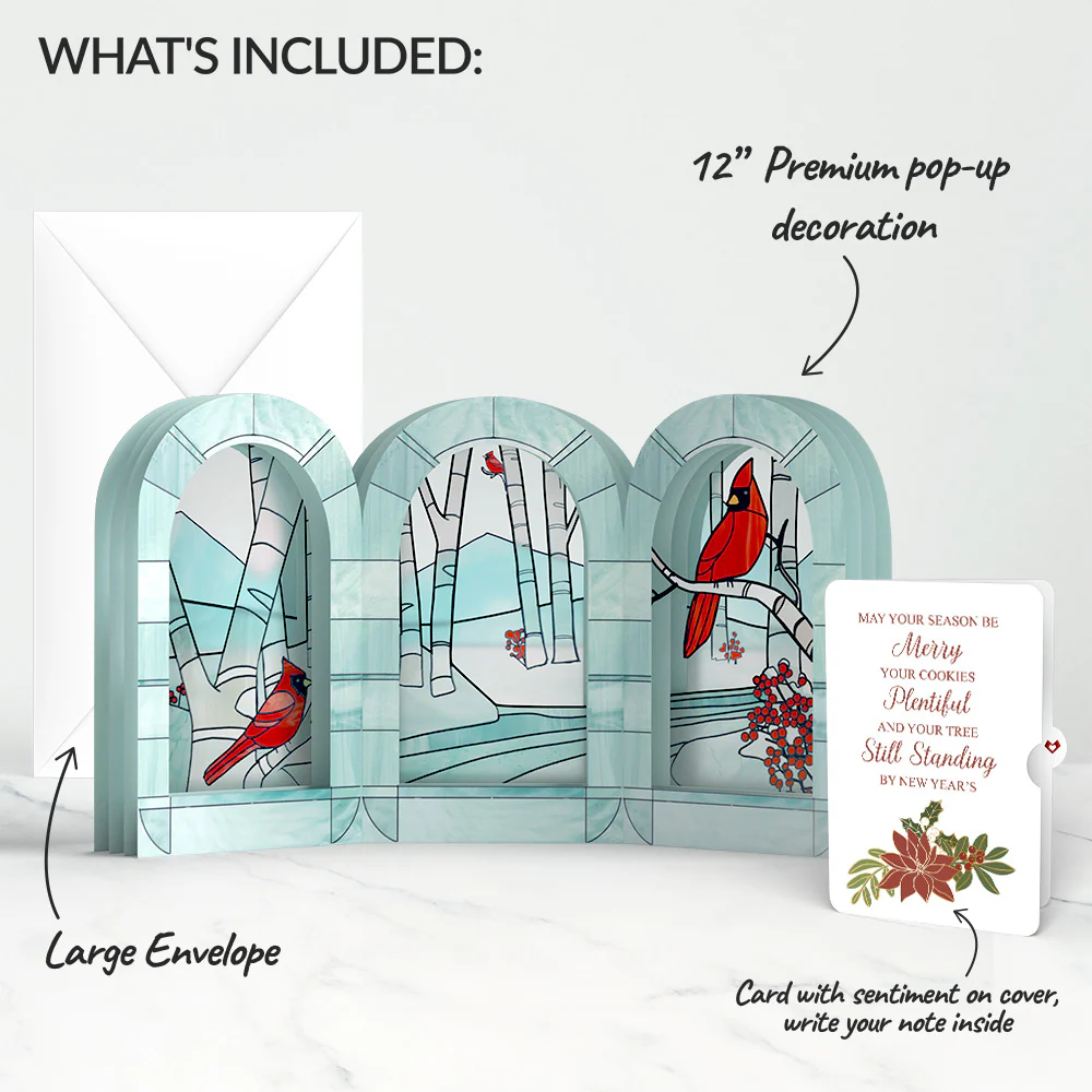 Stained Glass Winter Cardinal Pop-Up Gift and Poinsettia Merry & Plentiful Christmas Sentiment Set - Image 2
