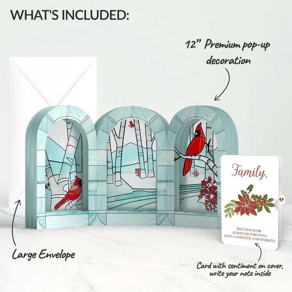 Stained Glass Winter Cardinal Pop-Up Gift and Poinsettia Blooming Love Christmas Sentiment Set for Family - Image 2