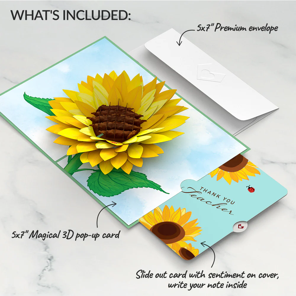 Sunflower Bloom Thank You Pop-Up Card and Sentiment Set for Teacher - Image 2
