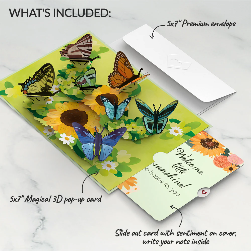 Sunflower Butterflies New Baby Pop-Up Card and Sentiment Set - Image 2