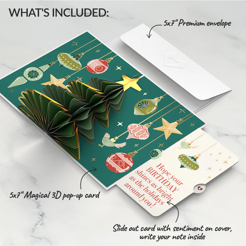 Tis the Season Christmas Tree Pop-Up Card and Twinkling Ornaments Birthday Sentiment Set - Image 2