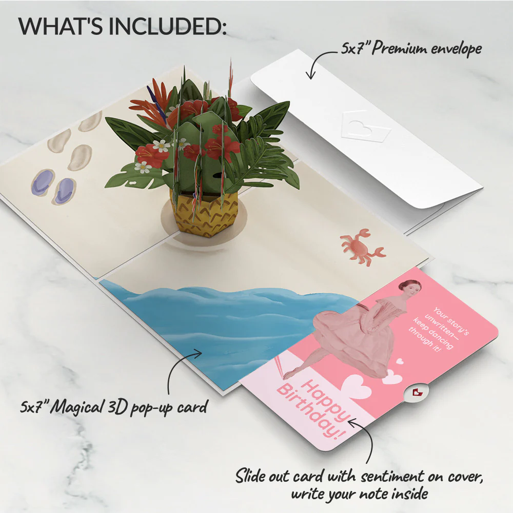 Tropical Flower Basket Birthday Pop-Up Card and Dancing Through Life Sentiment Set - Image 2