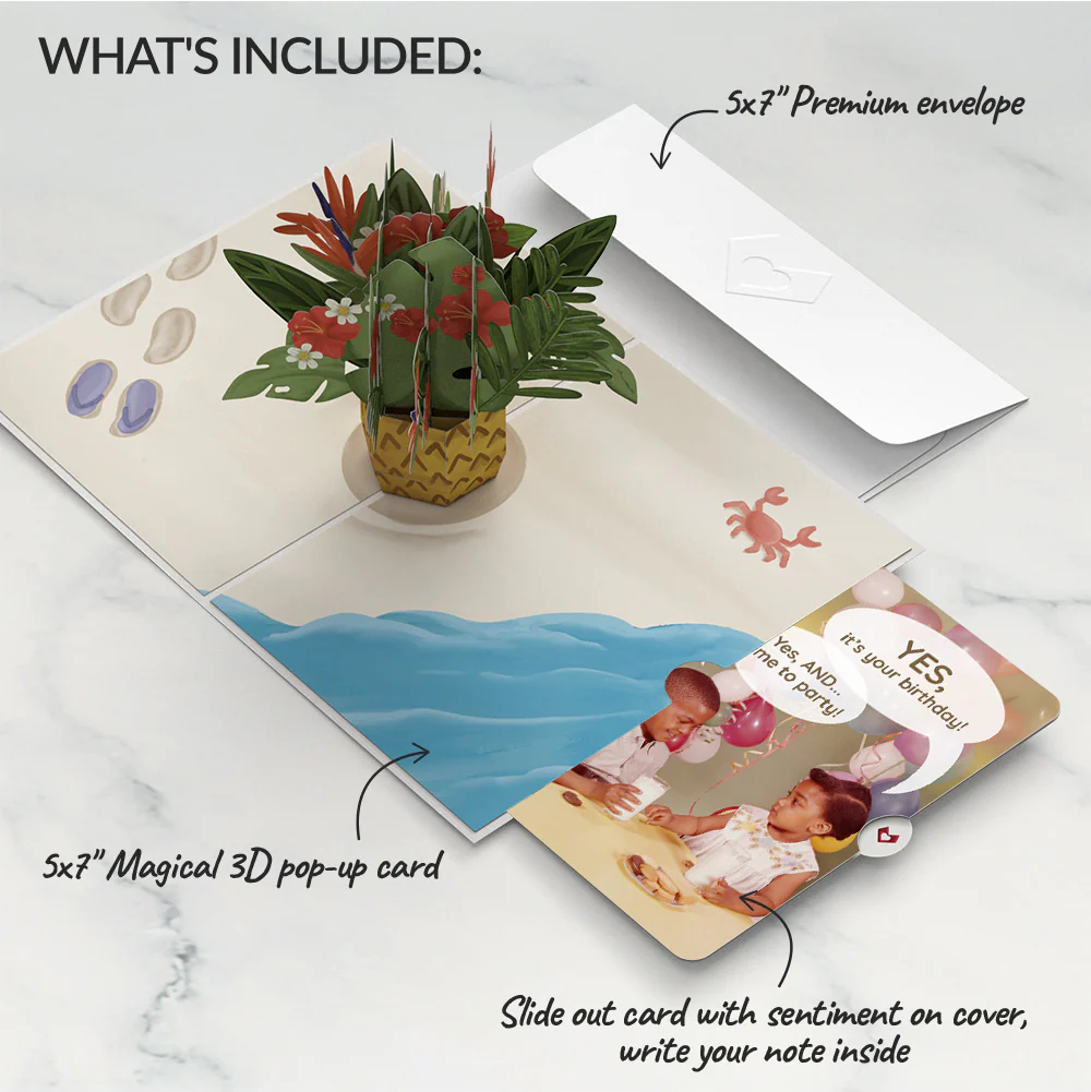 Tropical Flower Basket Birthday Pop-Up Card and Time to Party Sentiment Set - Image 2