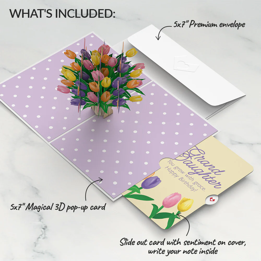 Tulips Birthday Pop-Up Card and Sentiment Set for Granddaughter - Image 2