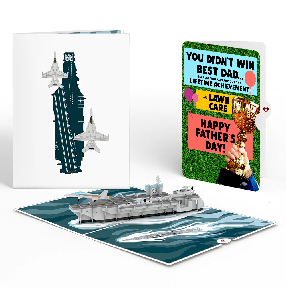 U.S. Aircraft Carrier Father's Day Pop-Up Card and Trophy Lawn Care Sentiment Set