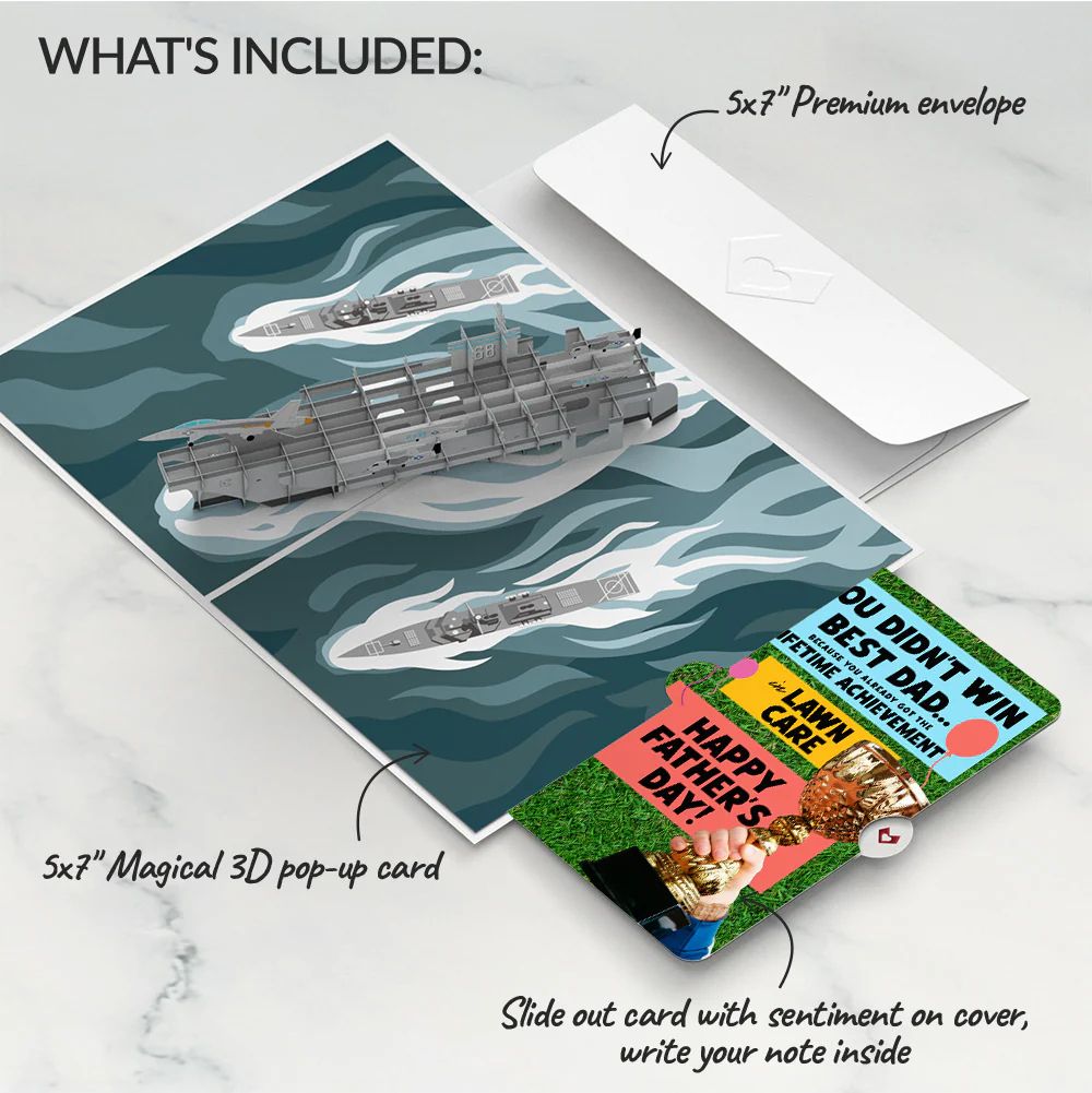 U.S. Aircraft Carrier Father's Day Pop-Up Card and Trophy Lawn Care Sentiment Set - Image 2