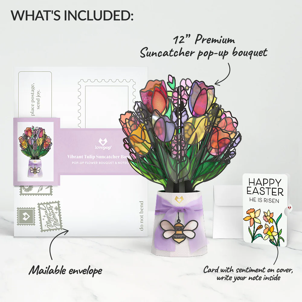 Vibrant Tulip Easter Suncatcher Bouquet and Garden Blooms He Is Risen Sentiment Set - Image 2