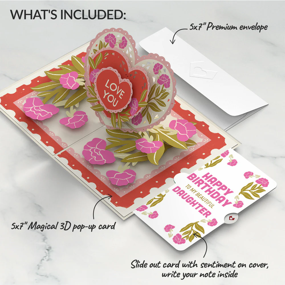 Vintage Floral Love You Heart Birthday Pop-Up Card and Sentiment Set for Daughter - Image 2