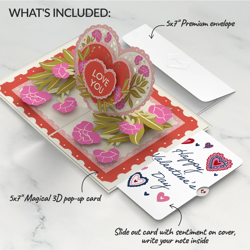 Vintage Floral Love You Heart Valentine Pop-Up Card and Sentiment Set - Image 2