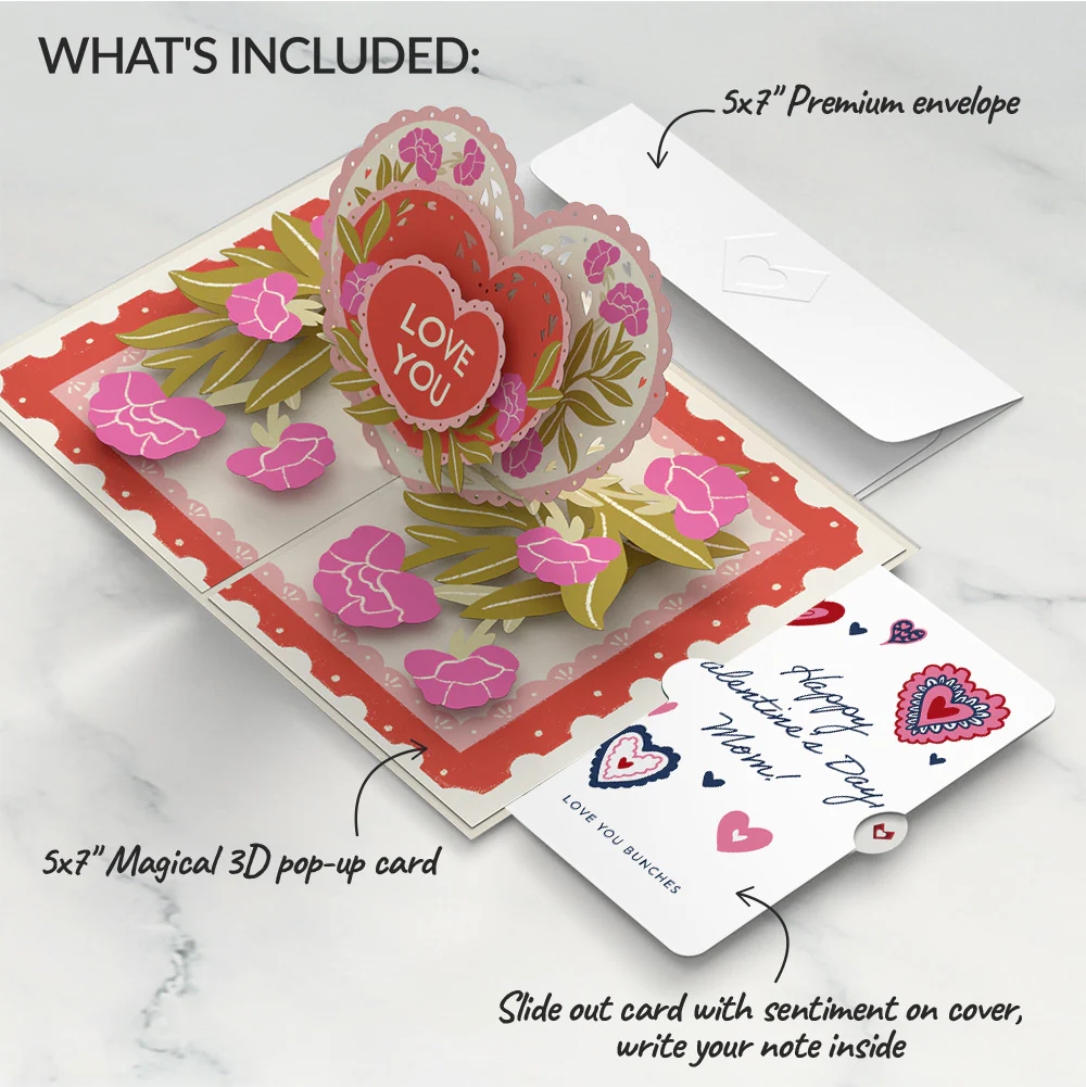 Vintage Floral Love You Heart Valentine Pop-Up Card and Sentiment Set for Mom - Image 2