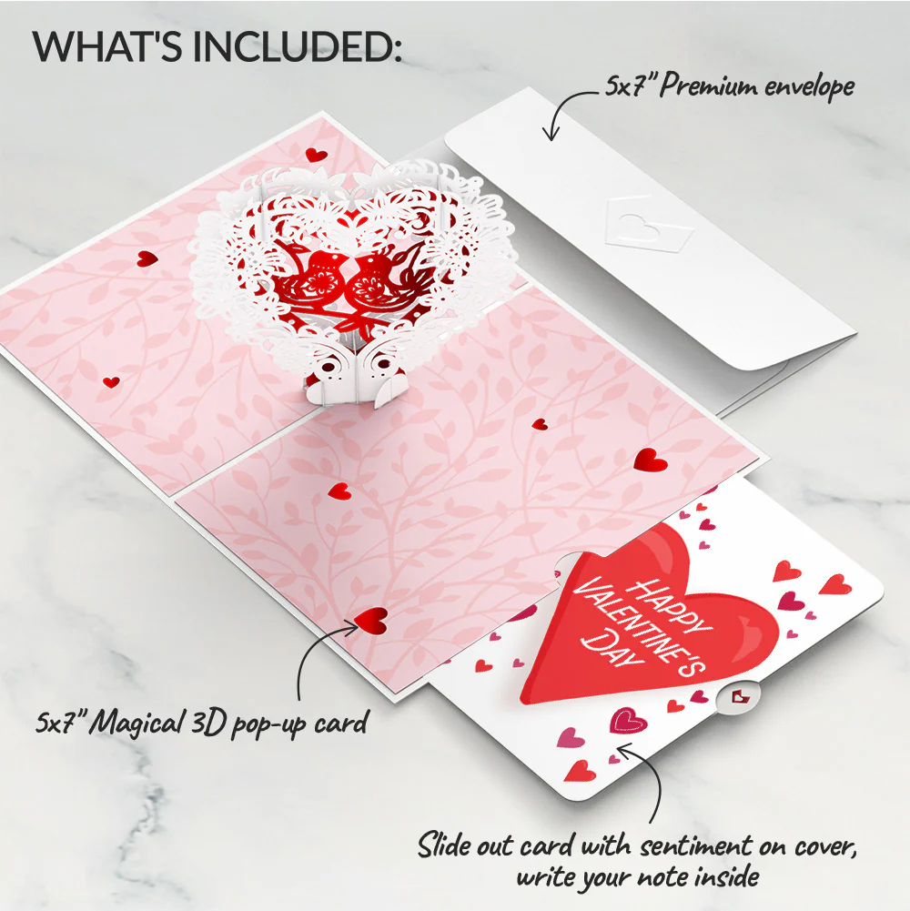 Vintage Love Birds Valentine Pop-Up Card and Big Sweet Heart Sentiment Set - Image 2