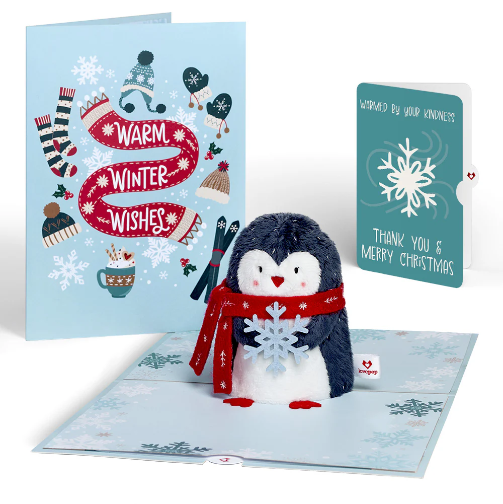 'Warm Winter Wishes' Holiday Penguin Plushpop Card and Snowflake Kindness Sentiment Set