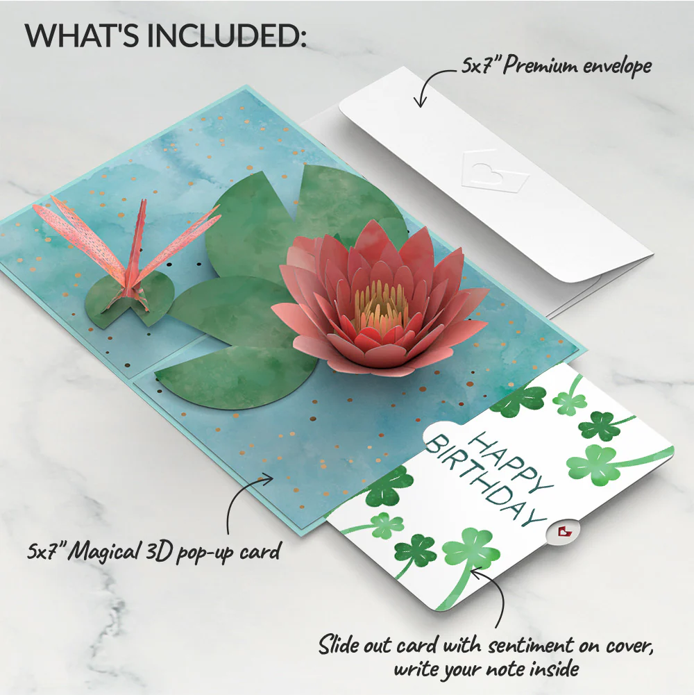 Water Lily Dragonfly Birthday Pop-Up Card and Sentiment Set - Image 2