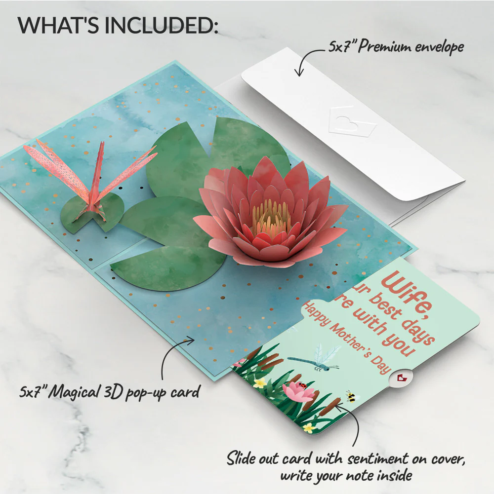 Water Lily Dragonfly Mother’s Day Pop-Up Card and Sentiment Set for Wife - Image 2