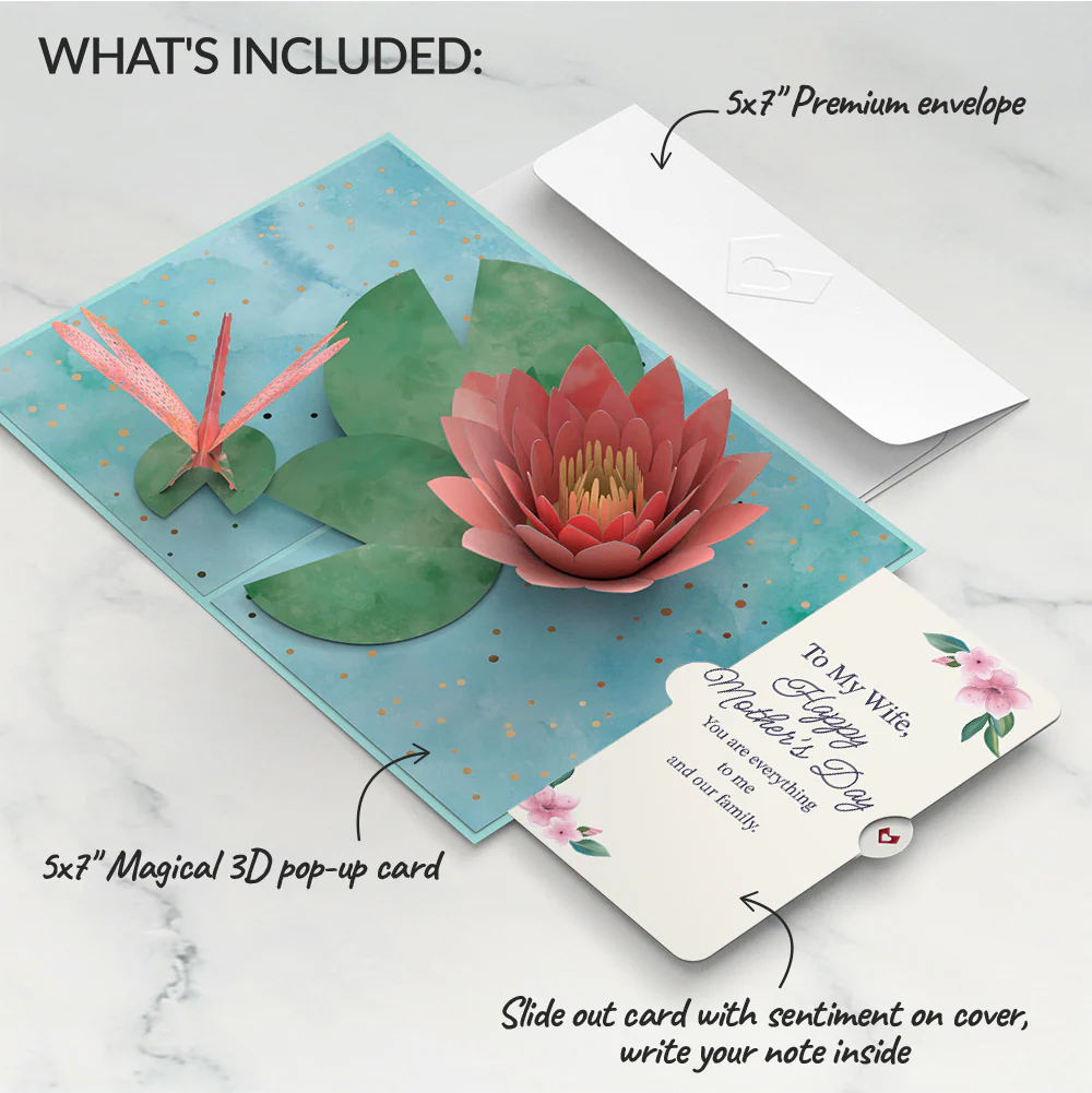 Water Lily Dragonfly Mother's Day Pop-Up Card and Sentiment Set for Wife - Image 2
