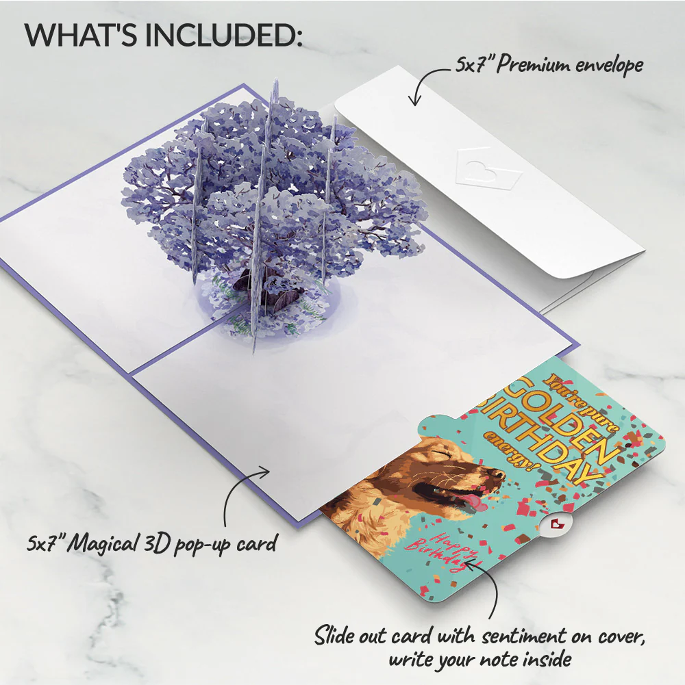 Watercolor Jacaranda Tree Birthday Pop-Up Card and Golden Energy Sentiment Set - Image 2