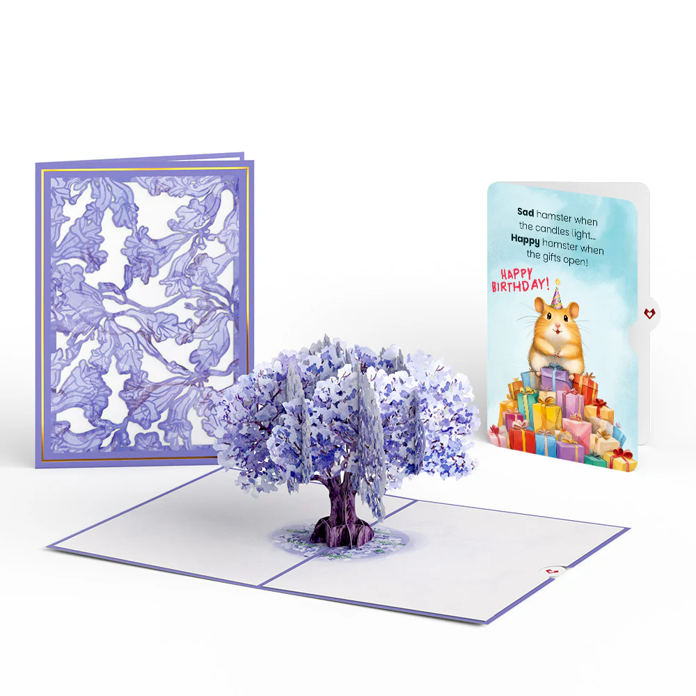 Watercolor Jacaranda Tree Birthday Pop-Up Card and Happy Hamster Sentiment Set