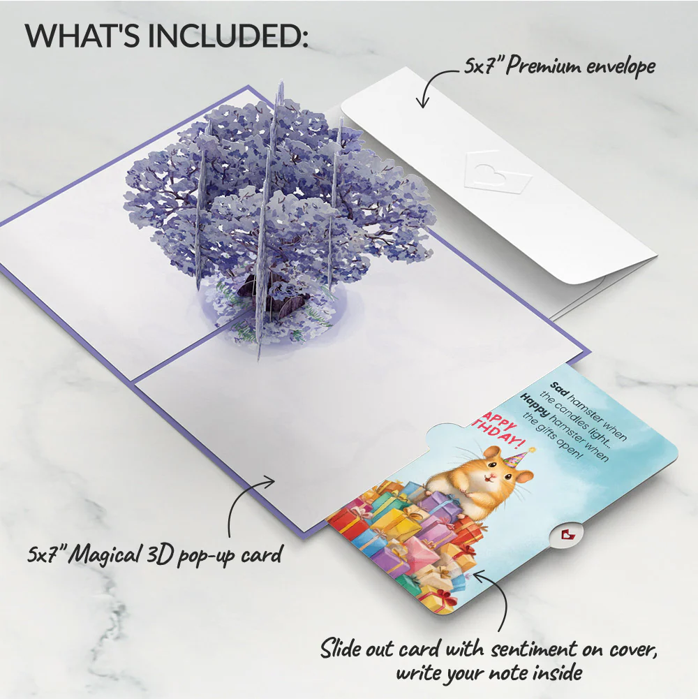 Watercolor Jacaranda Tree Birthday Pop-Up Card and Happy Hamster Sentiment Set - Image 2