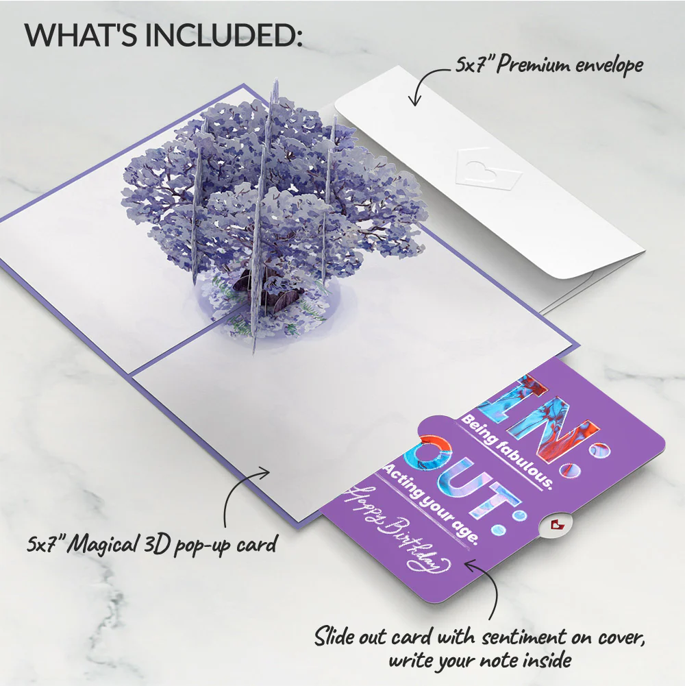 Watercolor Jacaranda Tree Birthday Pop-Up Card and IN & OUT Sentiment Set - Image 2